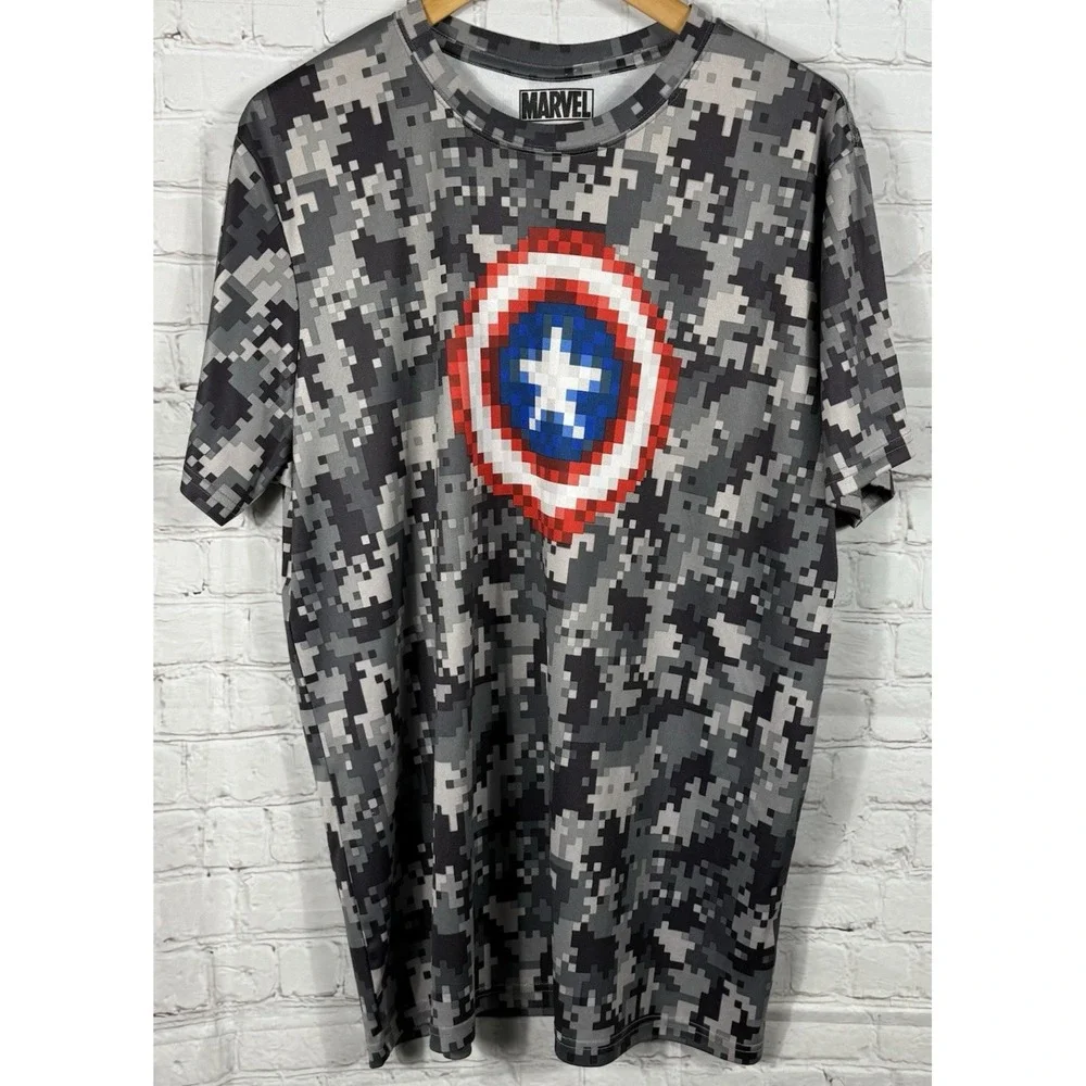 Marvel Captain America‎ Logo T-Shirt Men's 2XL 50/52 Gray Pixelated Digital Camo